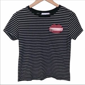 ZARA Striped Sealed Lips Zipper Detail Tee